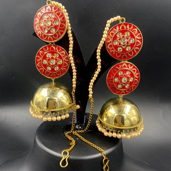 Gold Plated Polki Pearl Multiple Jhumkas Hair Chain Earrings TE1102 -  Traditsiya - 3302222